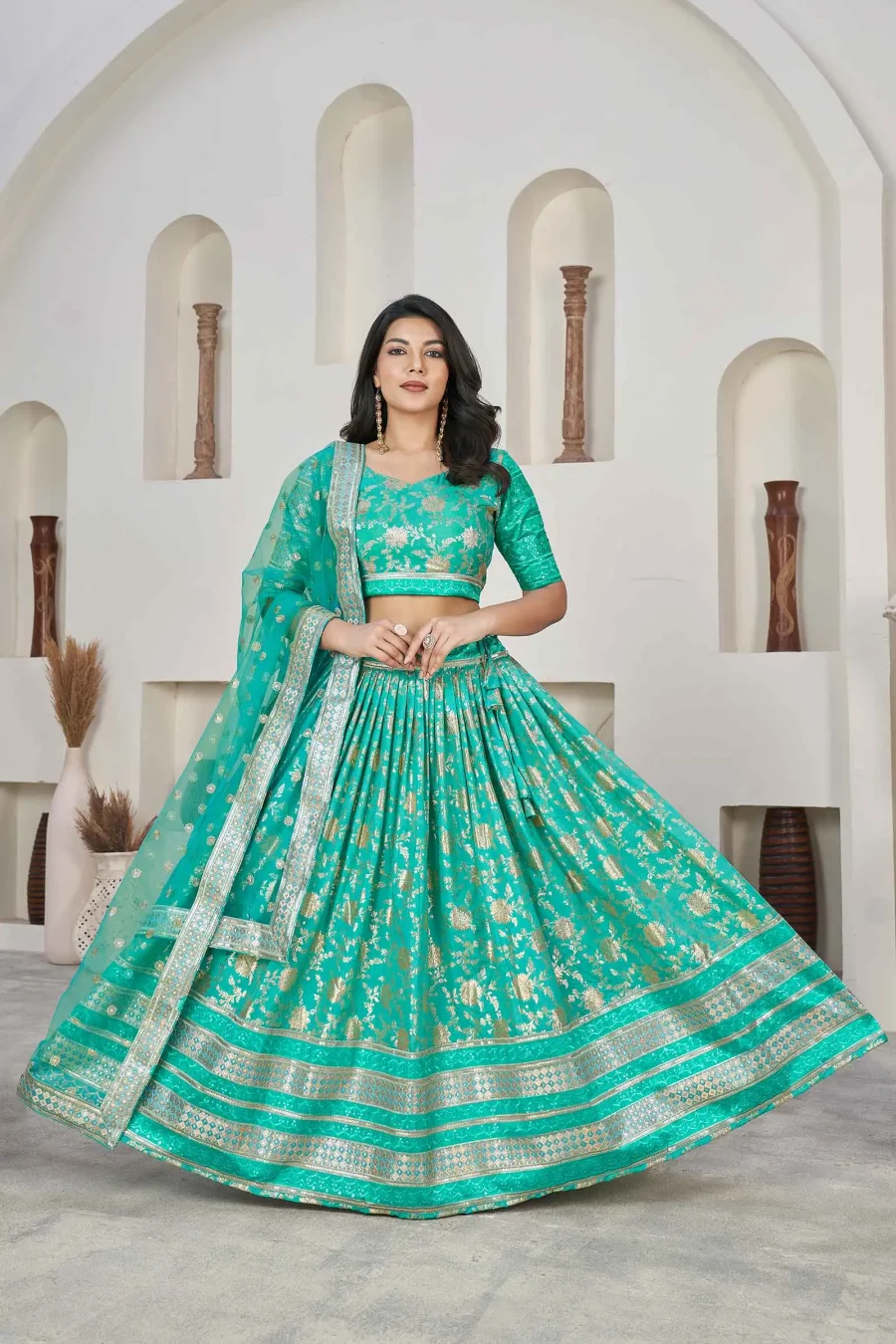 Cyan Green Jacquard sequence embroidered Lehenga choli