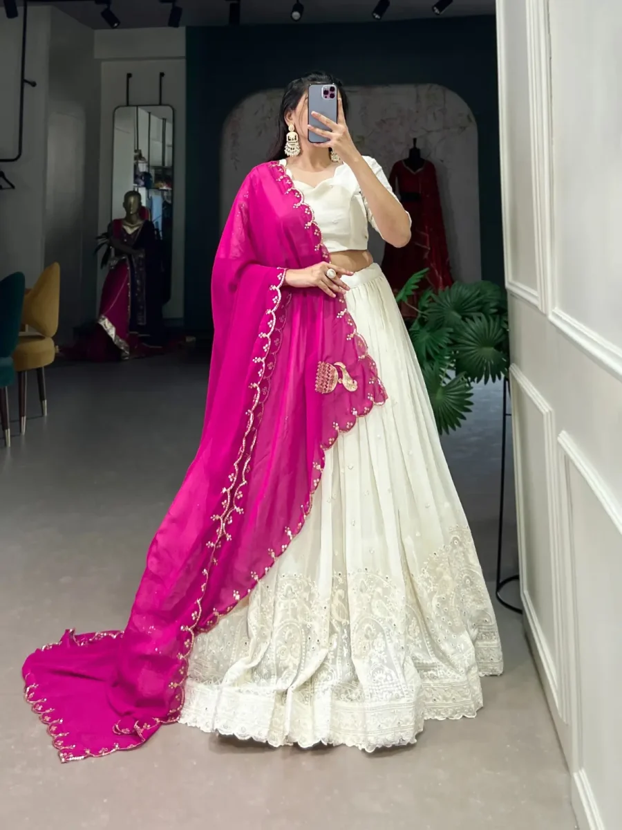 Elegance in White Lucknowi Paper Mirror Work lehenga choli with Pink Dupatta