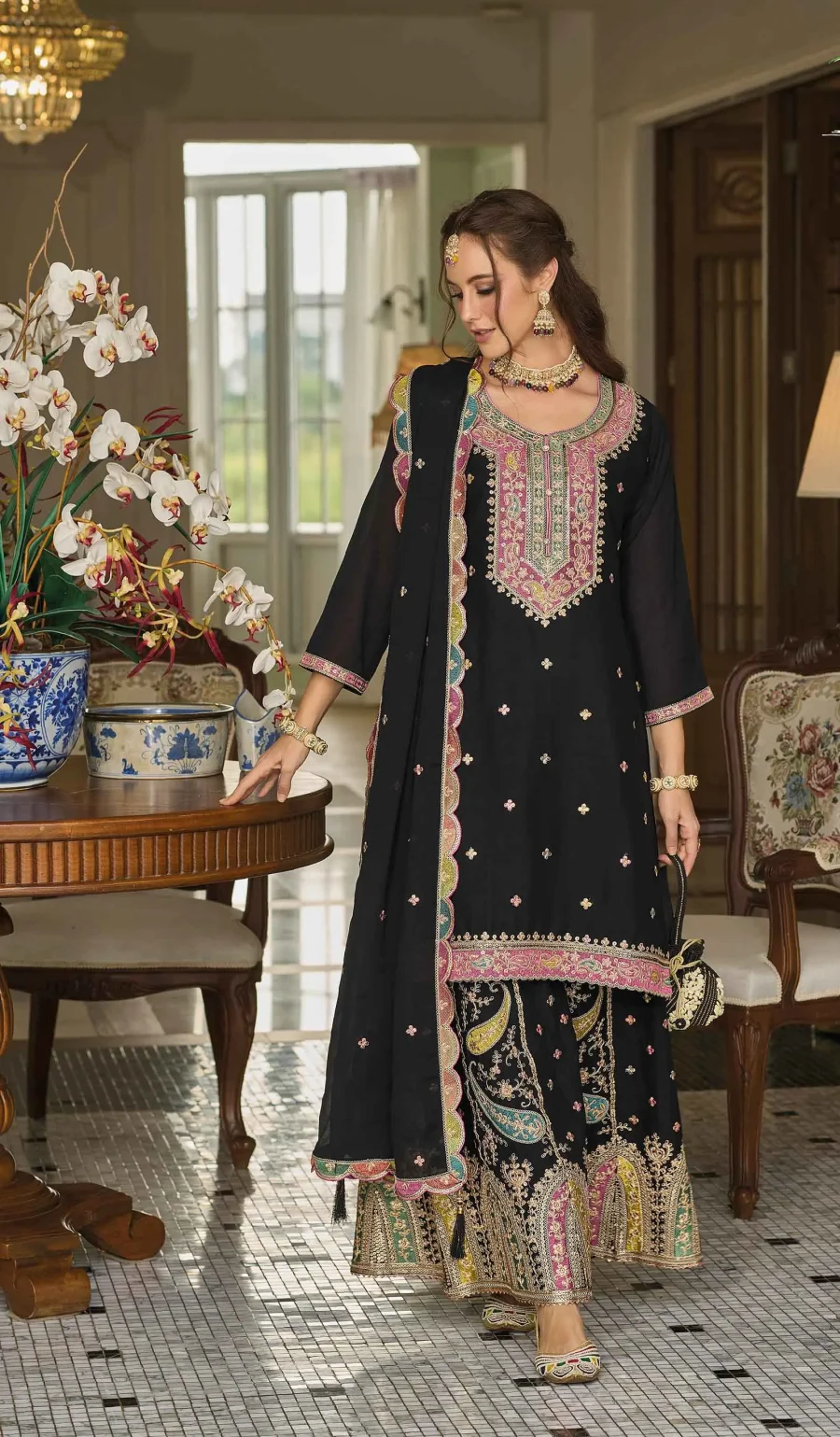 Beauty in Black Heavy Chinnon embroidered Salwar suit with fancy Dupatta