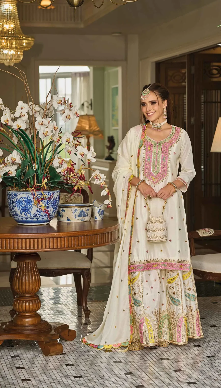 Classy in White embroidered chinnon festive wear sulwar Suit with plaza