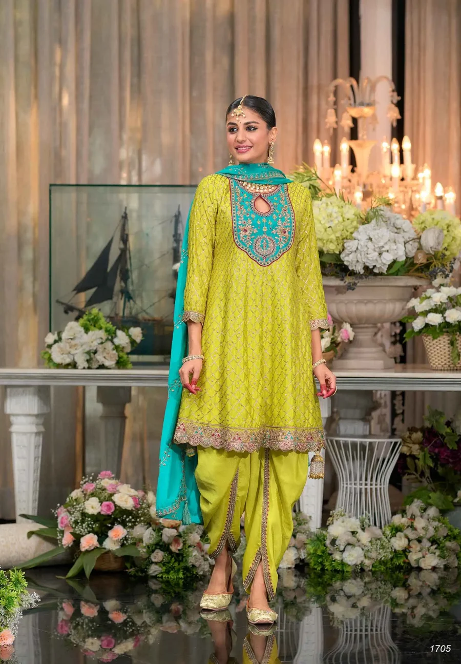 Stylish Parrot Embroidered chinnon Dhoti Suit with fancy Dupatta