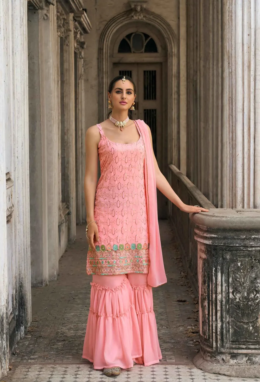 Baby Pink Faux Georgette sequence Sarara Suit