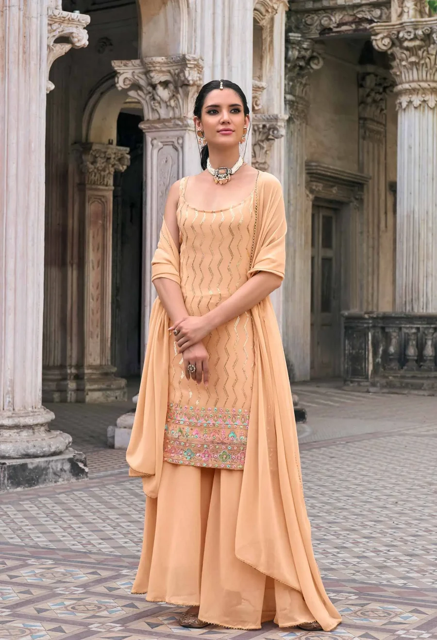 Pretty with Peach Embroidered sequence Designer Sarara Suit