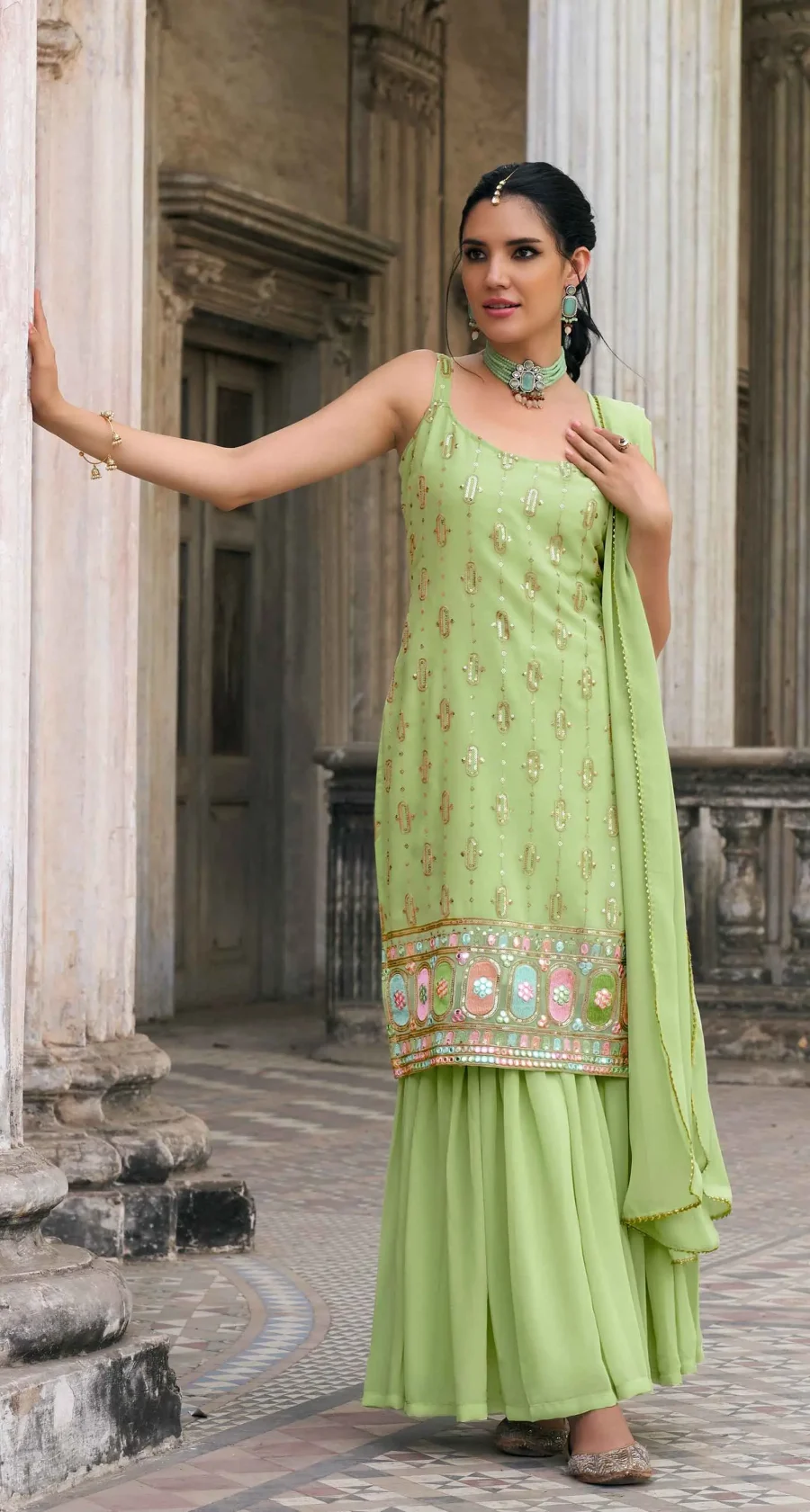 Stylish in Pista Green georgette sequence embroidered Srara Suit