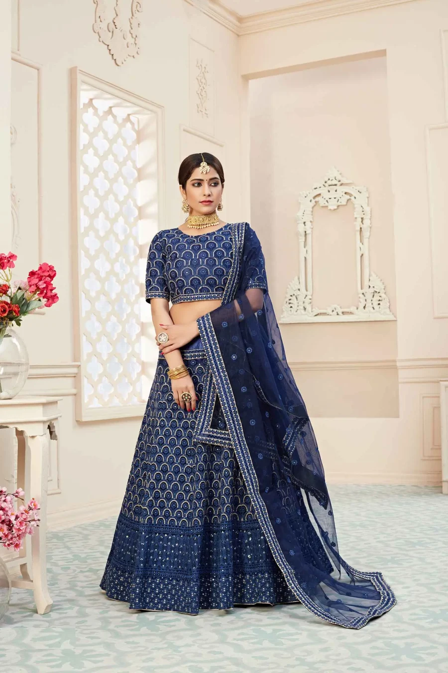 Cyan Blue Soft net heavy embroidered sequence lehenga choli