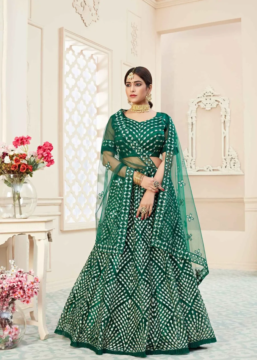 Stylish Green Soft Net Badla Embroidered lehenga choli