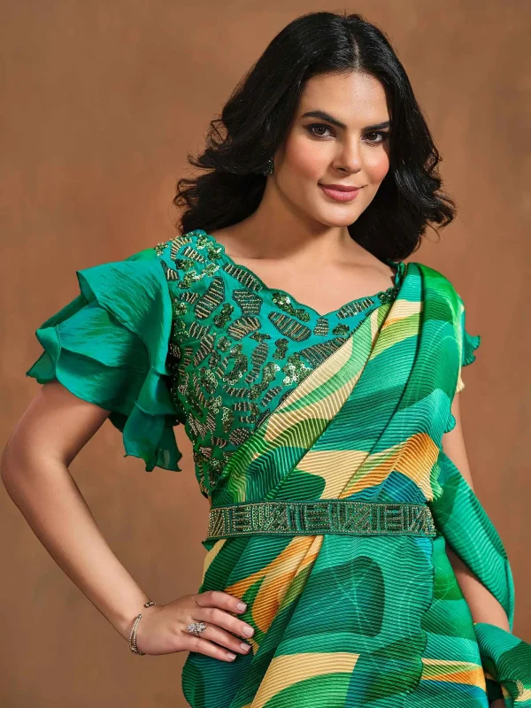 Green satin embroidered saree