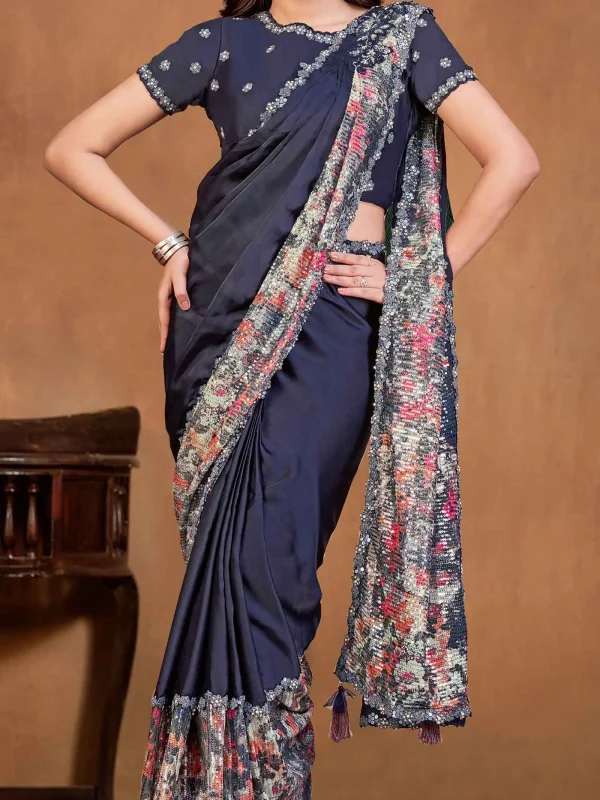 Blue embroidery with digital printed saree