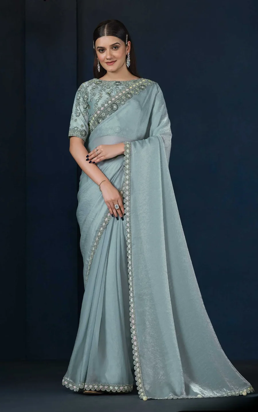 Sky Blue Two tone Satin Silk moti worked Saree