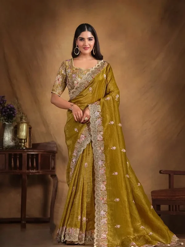 brown embroidered saree