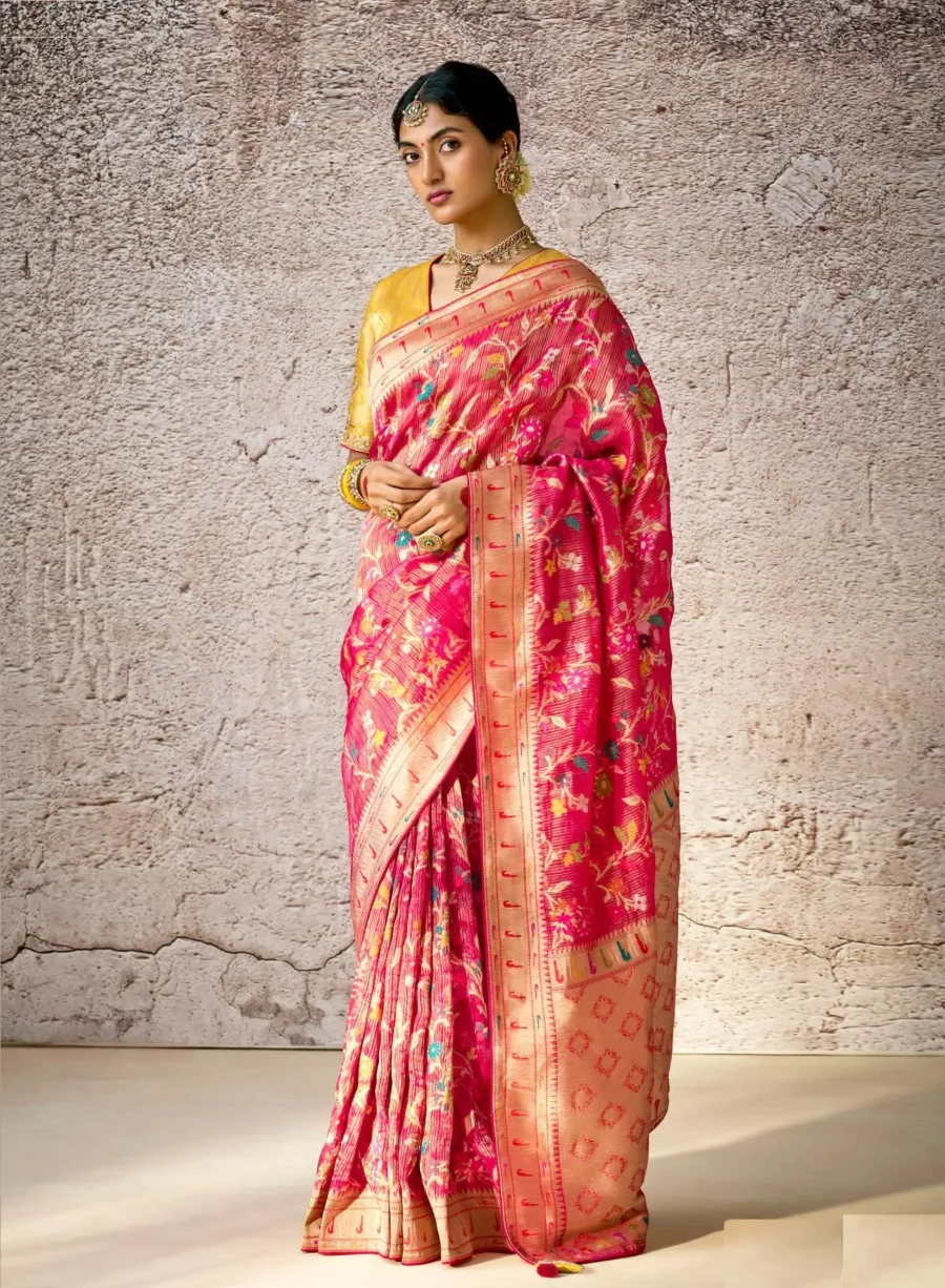 Pink Color Banarasi silk with floral Printed wedding saree