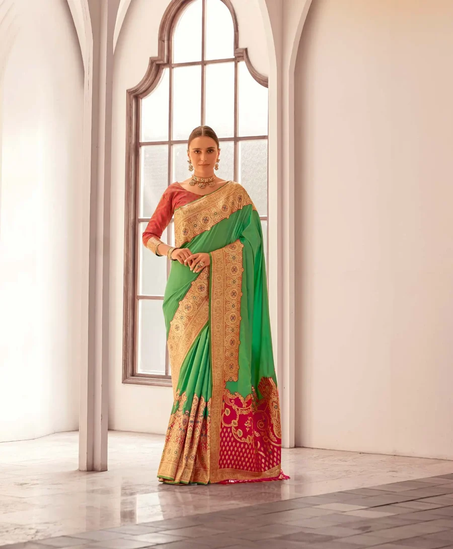 Fern Green Soft Silk Designer border weaving wedding wear Saree