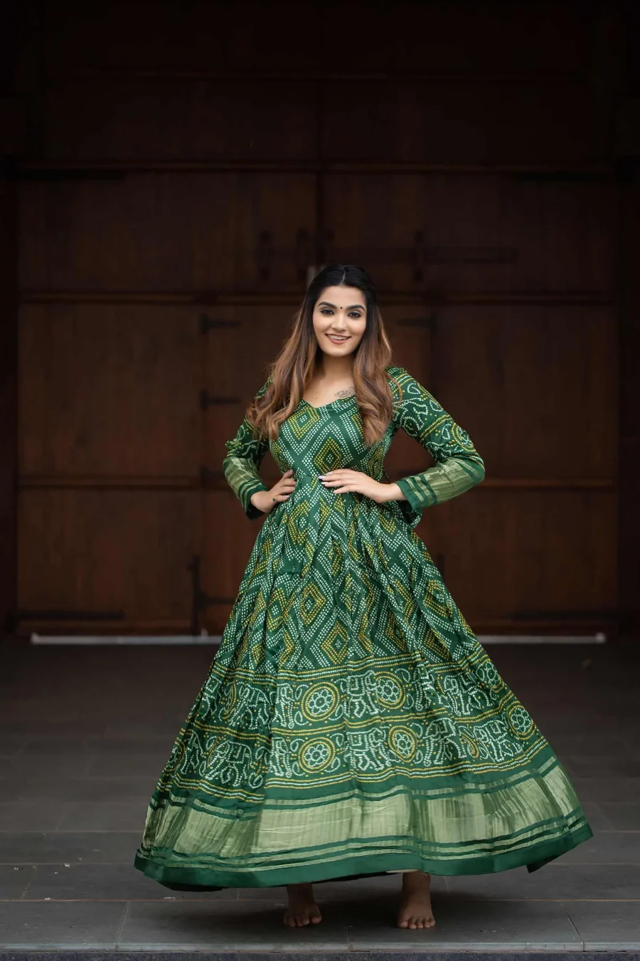 Goody Green Gaji Silk bandhej printed Festive Gown