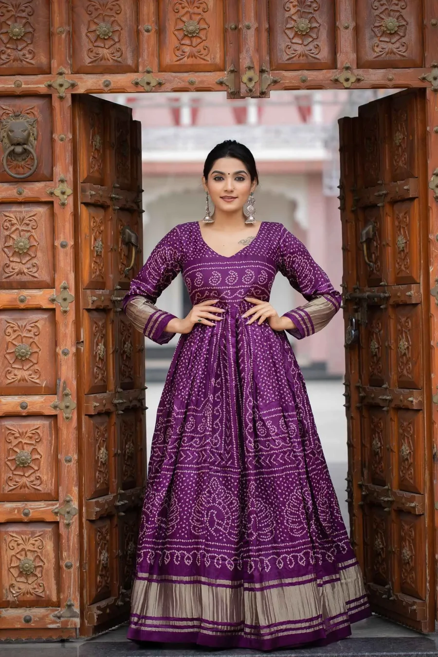 Beautiful Wine Gajji Silk Bandhej Printed wedding wear gown