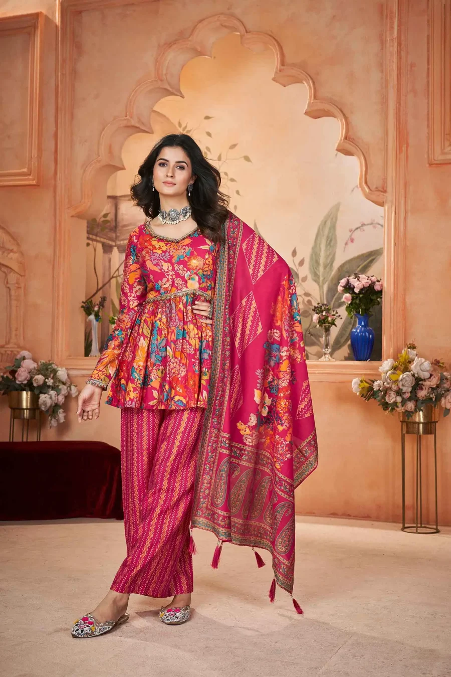 New Stylish Rani Pink Digital Print and foil worked Designer Salwar Suit