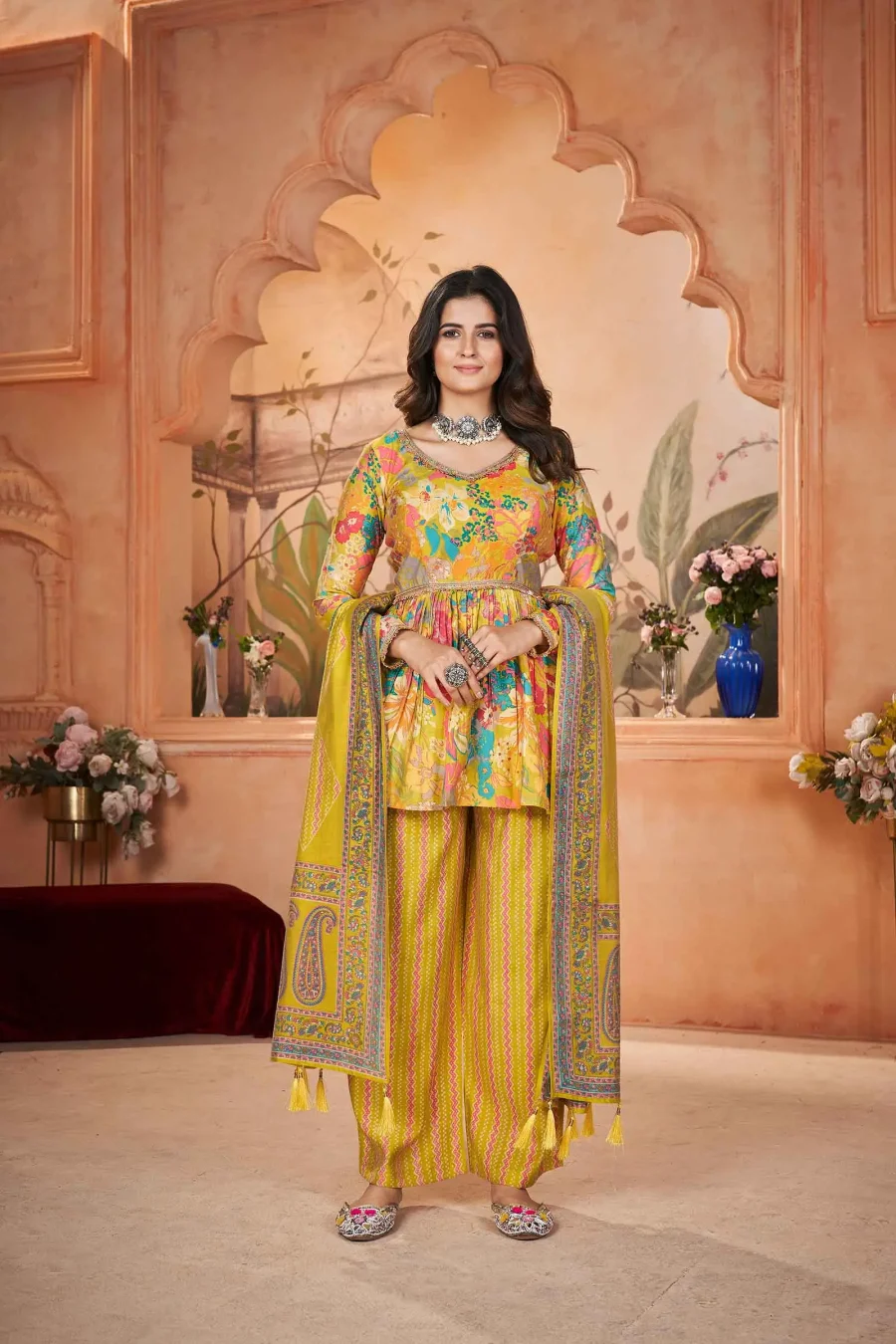 Gorgeous Yellow Digital Print and foil worked Silk Haldi Celebration Wear Salwar Suit