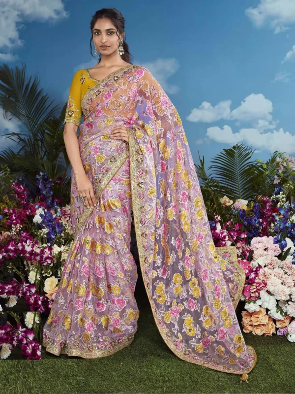 pink floral printed saree