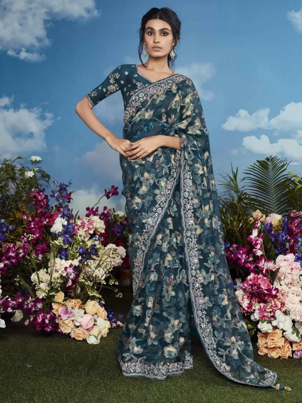 blue embroidered saree