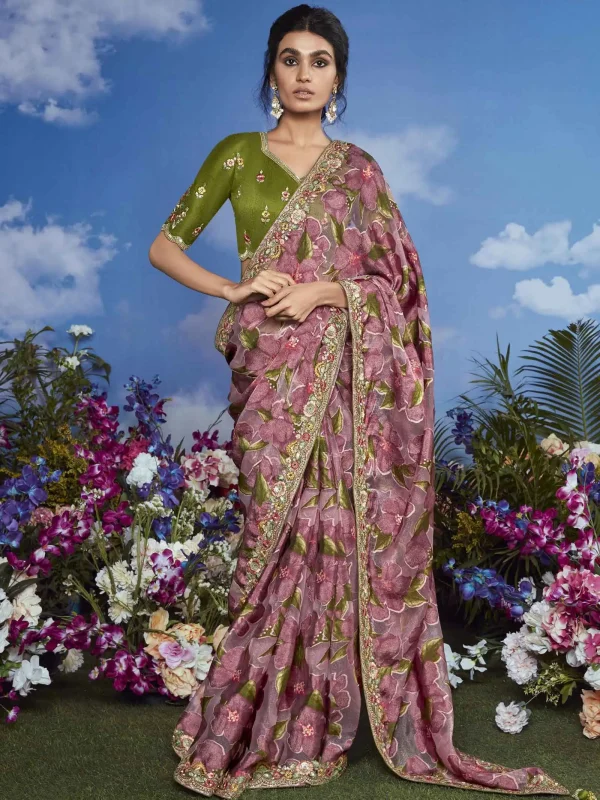 pink and green embroidery saree