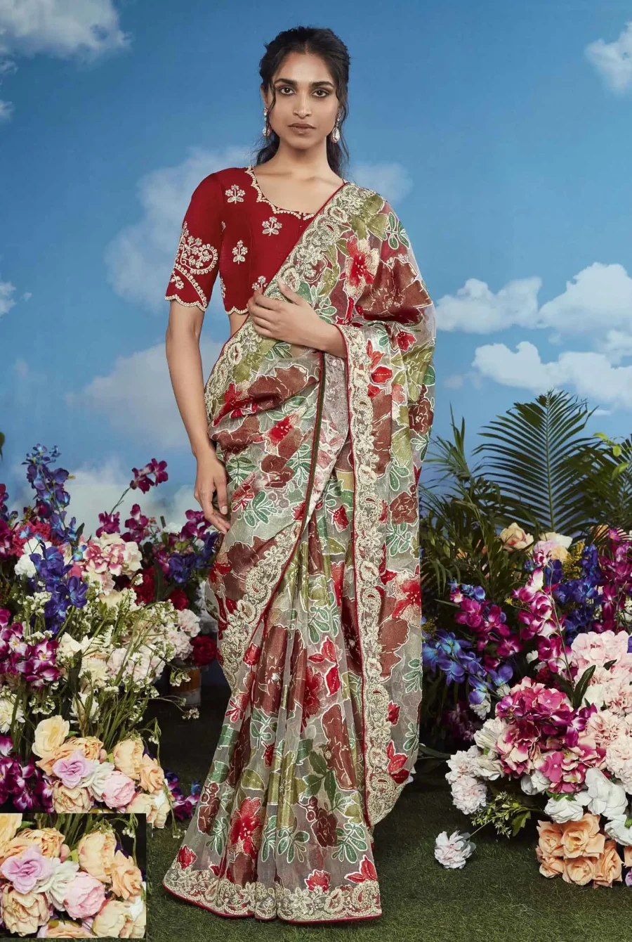 Classic With modern Embroidery With Flower Printed saree