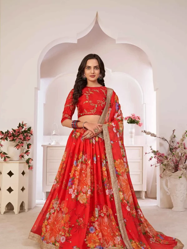 Red color printed lehenga choli