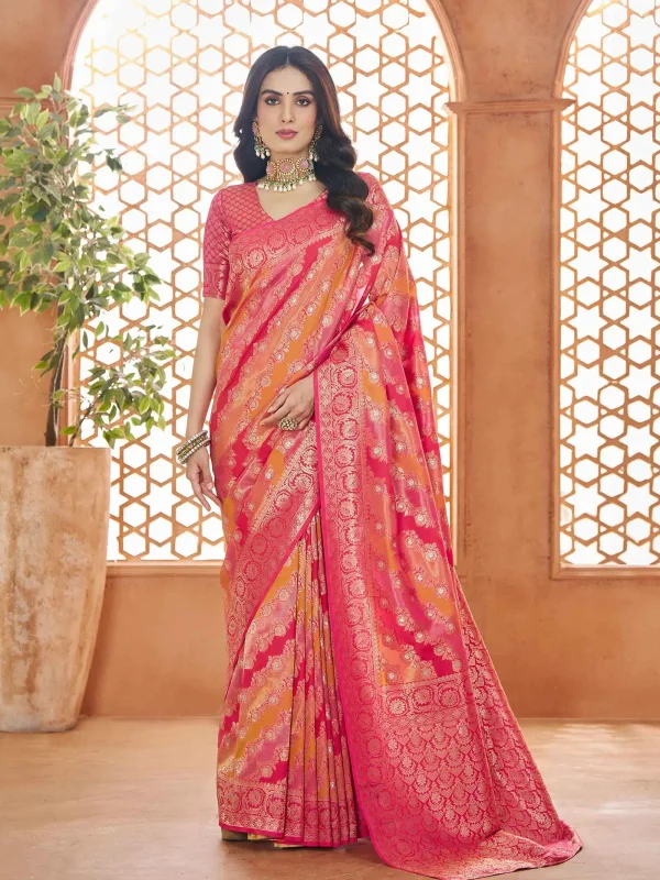 Pink and orange shaded color banarasi silk saree