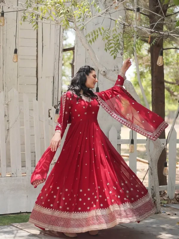 Maroon color embroidered gown