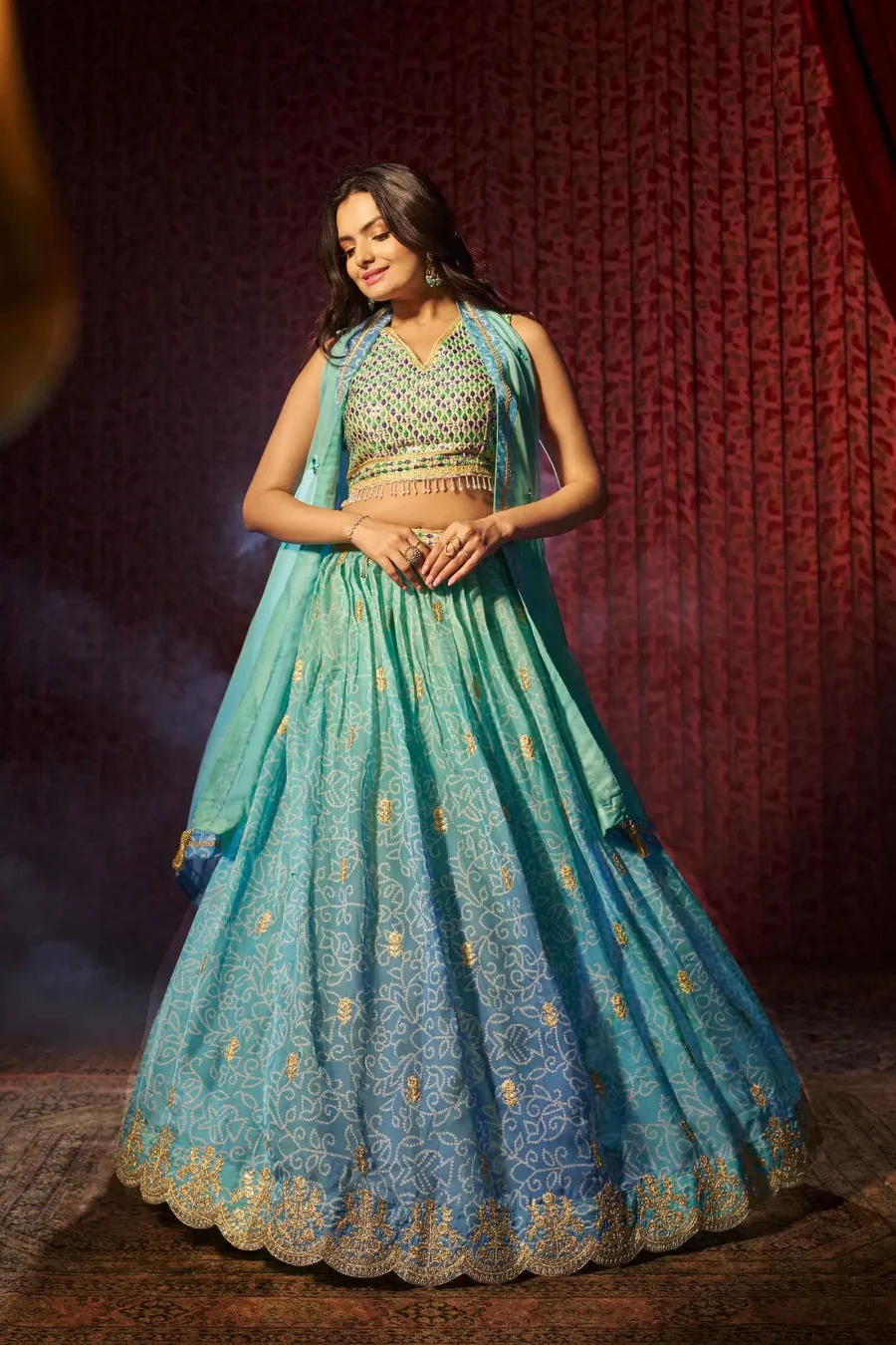 Hippie Blue Organza embroidered and printed fancy lehenga choli