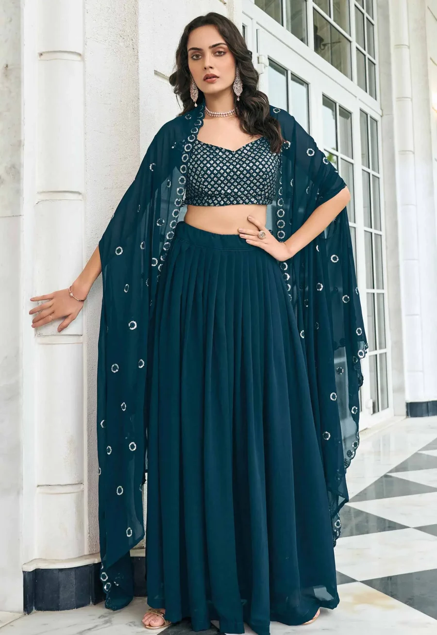 Bright In Prussian Blue embroidered georgette lehenga choli