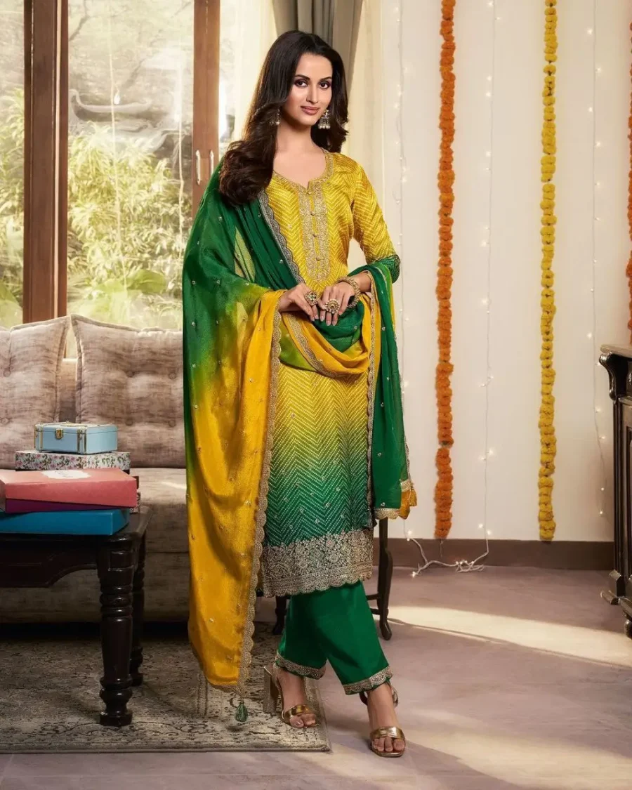 Gorgeous Yellow and Green shaded digital printed festive wear Salwar Suit