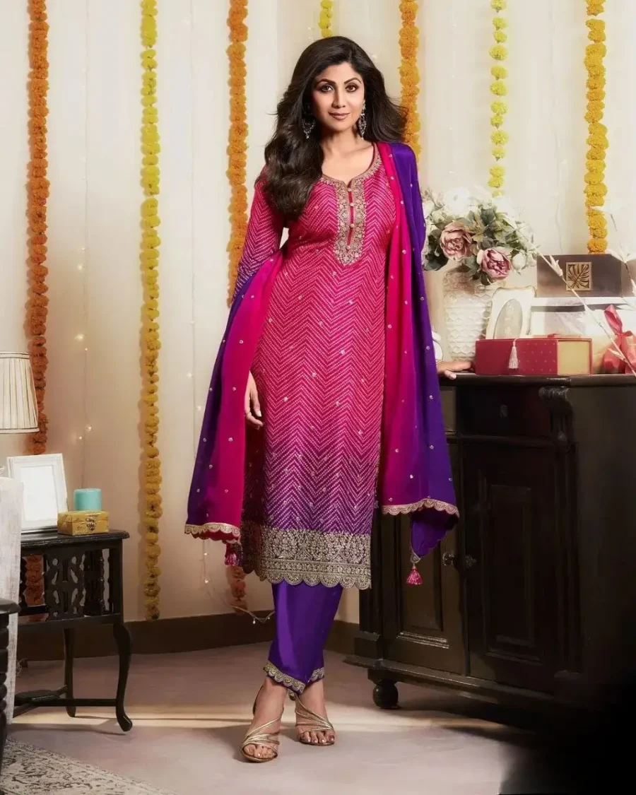 Festive wear Pink and Blue shaded embroidered Salwar Suit