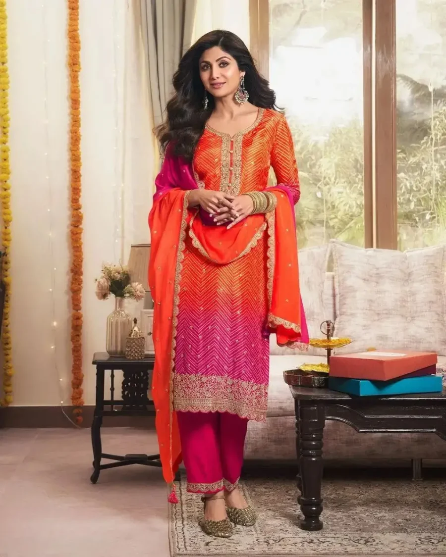 Designer orange and Pink heavy embroidered digital printed Salwar Suit For Festive