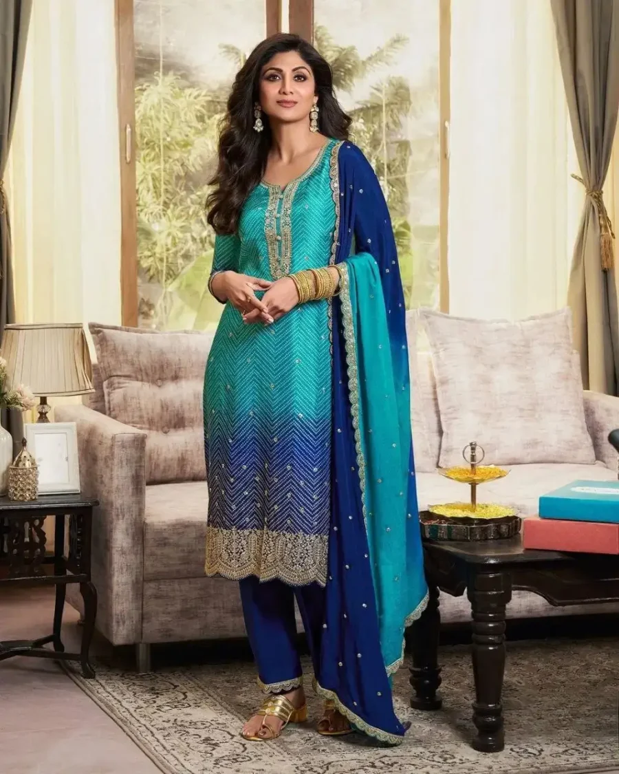 Beautiful Blue Chinnon Embroidery printed salwar Suit