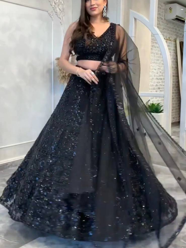 Designer black net lehenga choli with sequins &dori work